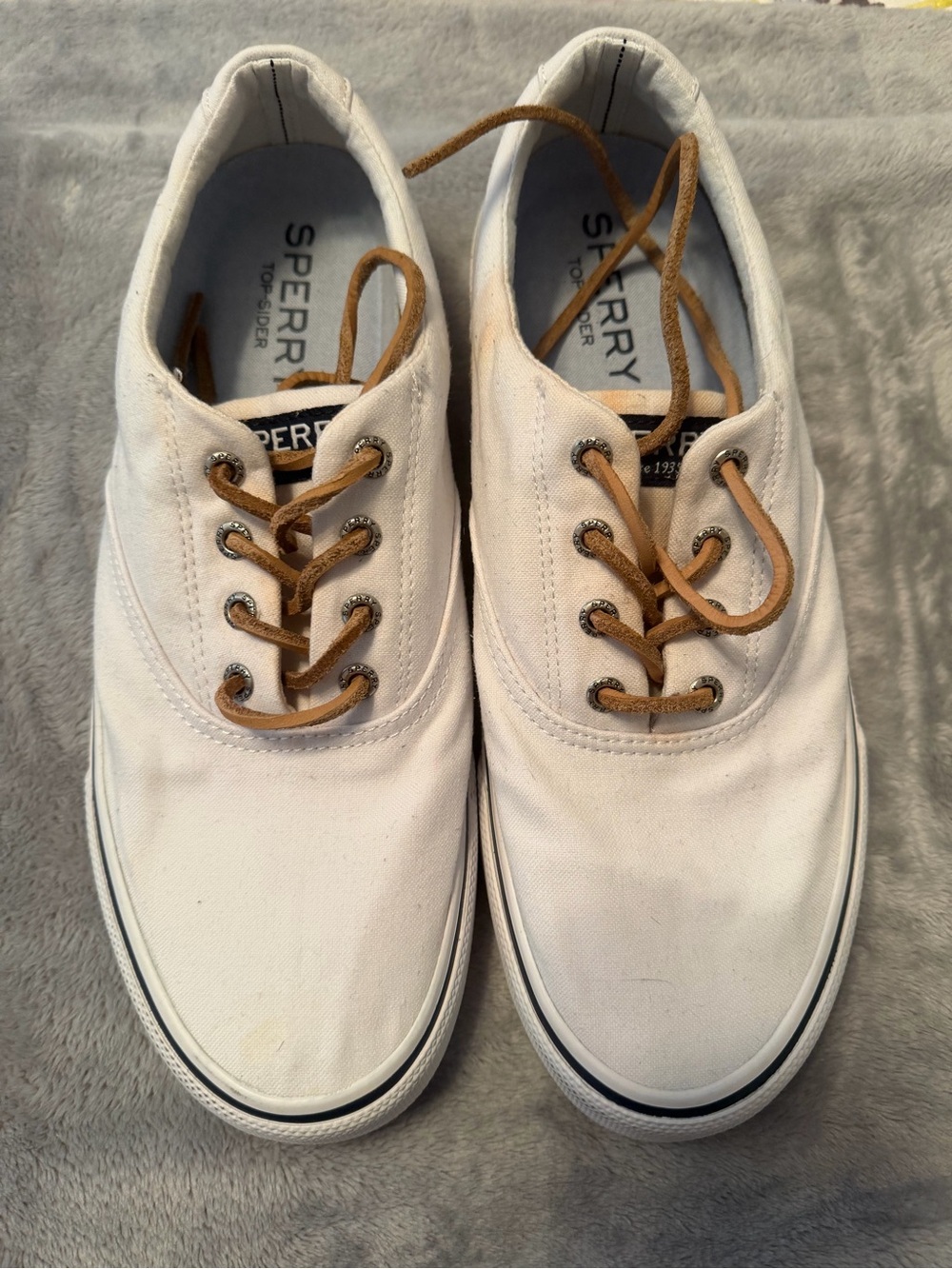 Sperry White Canvas Boat Shoes with Tan Laces